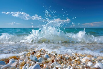 A wave crashes onto a pebble beach on a sunny day.