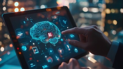 Finger on screen AI brain close-up