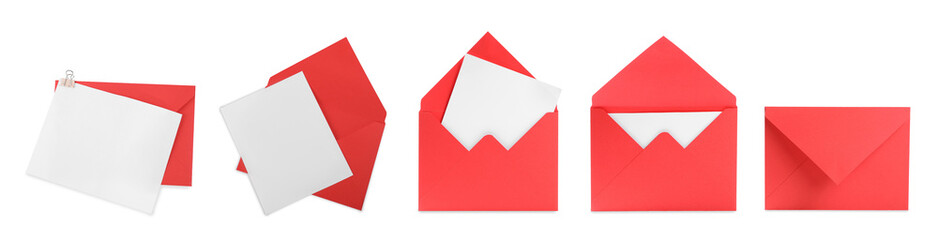 Red envelopes and blank letter isolated on white, collage