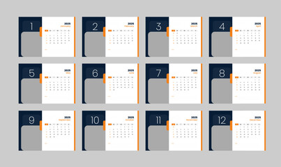 Desk calendar template 2025, new year 2025 table calendar, week starts on sunday. Set of 12 Months 2025 Wall quarterly calendar.
