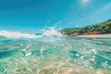 Clear turquoise water crashing on sandy beach under a bright blue sky.