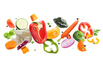 Fresh vegetables, herbs and spices in air on white background
