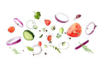 Fresh vegetables, herbs and spices in air on white background