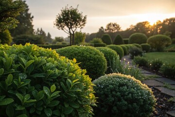 Captivating Low Light Photography of Lush Green Garden Shrubs Illuminated by Soft Dusk Light, Showcasing Nature's Serenity and Tranquility in a Peaceful Outdoor Setting