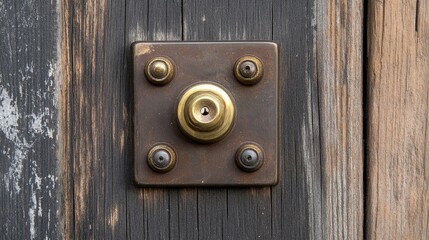 Obraz premium Vintage Door Knob with Keyhole and Rustic Wooden Background, Detailed Close-Up of an Ornate Lock Mechanism on Weathered Wood