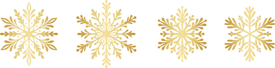 Gold gradient vector snowflake set, elegant festive holiday illustration, decorative clip art collection, isolated