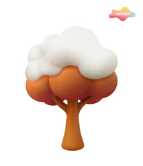A snow-covered tree isolated on a white background. 3d tree in plastic cartoon style. Vector illustration