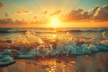 Obraz premium Ocean waves crashing against the shore during a breathtaking sunset.