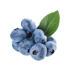 Fresh blueberry with green leaves, isolated on white background. Bilberry or whortleberry berries. Clipping path.