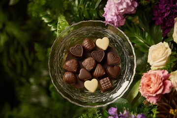 An Exquisite Arrangement of Gourmet Chocolate Candies in a Decorative Glass Bowl Surrounded by Lush Greenery and Colorful Floral Accents