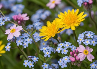 Fototapeta premium Captivating Macro Photography of a Blue and Pink Floral Pattern with Vibrant Yellow Flowers, Showcasing Nature's Intricate Details and Colorful Harmony for Nature Lovers