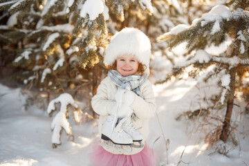 Beautiful girl weared in white sweater and hat with ice skates walks in winter snowy park.