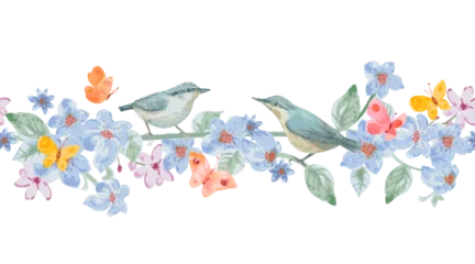 watercolor floral seamless border with couple of birds, butterflies and flowers. © Aloksa