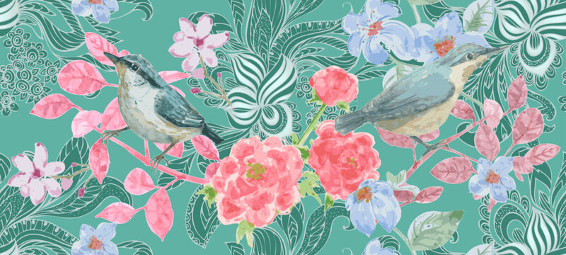 seamless wallpaper design with watercolor painting of birds sitting on colorful leafy branches with flowers against abstract doodle pattern background