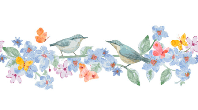watercolor floral seamless border with couple of birds, butterflies and flowers.