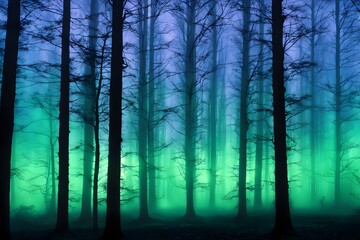 Obraz premium Silhouette of multiple trees in a foggy forest with a glowing neon green and blue background, AI Generated