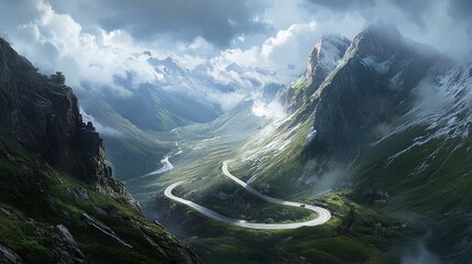 Naklejka premium A winding road snakes through a valley surrounded by majestic mountains and clouds.
