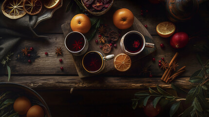Cup of delicious mulled wine, nicely decorated with orange slices, cinnamon, anise stars. Table with cozy winter decoration. Tasty spiced wine beverage, perfect for long winter nights and Christmas