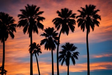 Obraz premium Silhouette of tall palm trees against a sunset sky transitioning from orange at the horizon to dark, AI Generated