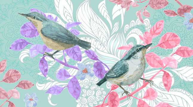 wallpaper design with watercolor painting of birds sitting on colorful leafy branches on abstract doodle pattern background