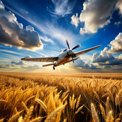 Naklejka premium A classic propeller airplane glides over a golden wheat field