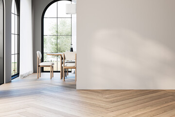 Fototapeta premium Modern interior design of apartment, dining room with table and chairs, kitchen, empty living room with white wall, panorama, yard, aches.