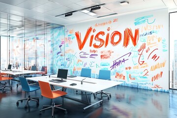 Modern office space with colorful wall art emphasizing the word 'Vision', featuring bright chairs and a collaborative setup.