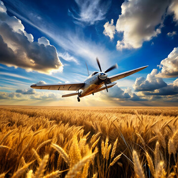 A classic propeller airplane glides over a golden wheat field