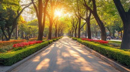 Naklejka premium Serene Urban Park Pathway Bathed in Golden Morning Light with Lush Green Trees and Vibrant Flower Beds Creating a Tranquil Nature Retreat Amidst City Life