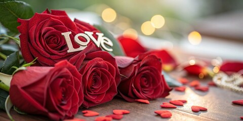 Captivating Macro Photography of Romantic Valentine&rsquo;s Day Elements Featuring Heart-Shaped Flowers, Dazzling Red Roses, and Delicate Love Letters for an Intimate Celebration of Love