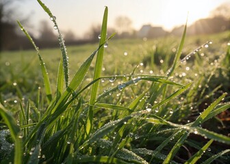 Captivating Macro Photography of Sunlit Grass Blades Glimmering in Morning Dew, Highlighting Nature's Intricate Details and Vibrant Colors on an Enchanting Summer Day