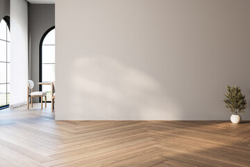 Modern interior design of apartment, dining room with table and chairs, kitchen, empty living room...