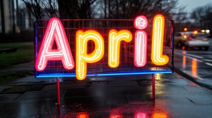 Neon April Sign Illuminating Rainy City Night, Casting Vibrant Reflections in Puddles on Sidewalk
