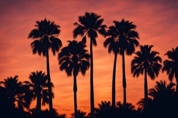 Silhouette of tall palm trees against a sunset sky transitioning from orange at the horizon to dark, AI Generated