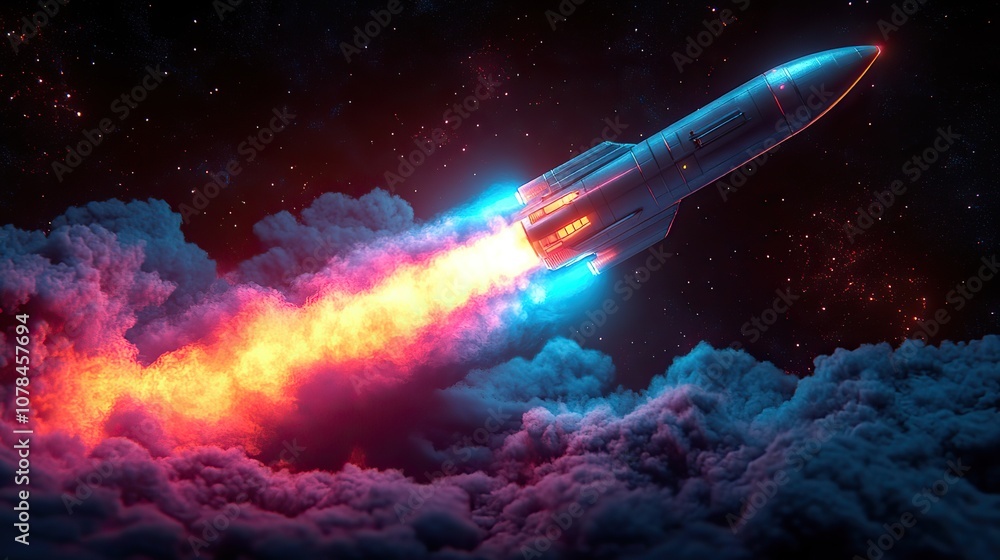 Wall mural rocket with dark neon light effect 3d rendering