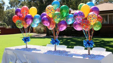Colorful Balloons Decorate Festive Table for Outdoor Celebration in Sunlit Park Surrounded by Lush Greenery and Bright Sunshine, Perfect for Parties and Events