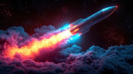 rocket with dark neon light effect 3d rendering
