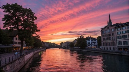 Obraz premium Captivating Minimalist Sunset Over the Limmat River in Zurich, Showcasing Vibrant Colors and Serene Reflections in a Tranquil Urban Landscape
