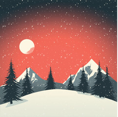Winter night landscape, winter illustration, background illustration , mountains , winter night, moon, snow, Christmas, vector illustration