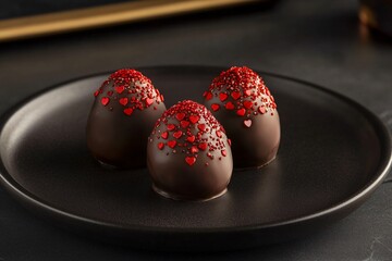 Delightful Gourmet Chocolate Eggs Adorned with Red Heart Sprinkles Perfect for Valentine's Day Celebrations and Romantic Gifts on an Elegant Plate