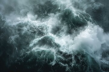 Foam waves of on Atlantic Ocean aerial top down view  Powerful storm on the sea