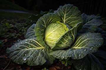 Obraz premium Captivating Night Photography of a Head of Cabbage Glowing Under the Moonlight with Dew Drops, Highlighting Its Textures and Vibrant Green Colors in a Mystical Garden Setting