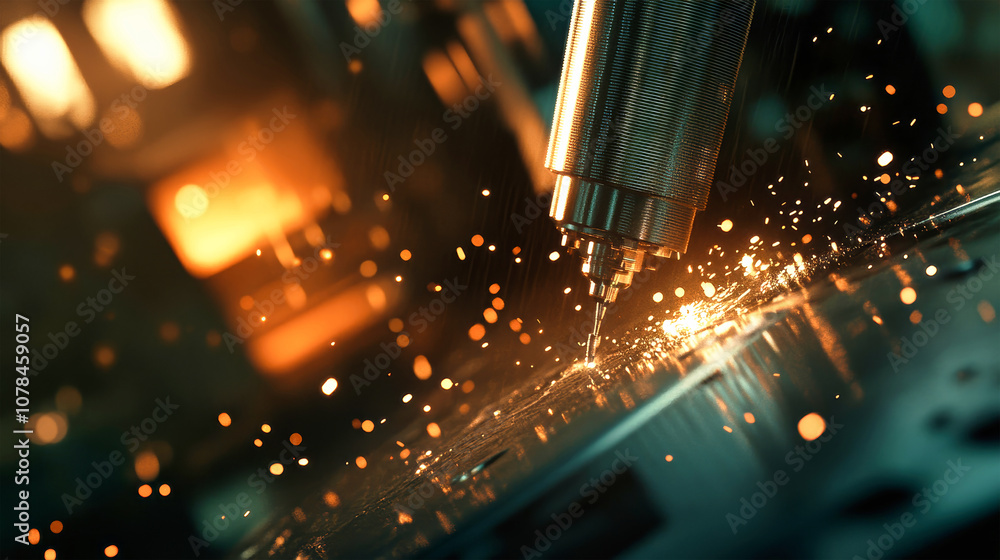 Poster close-up of a vertical cnc router working on a metal part, sparks flying in a dark industrial factor