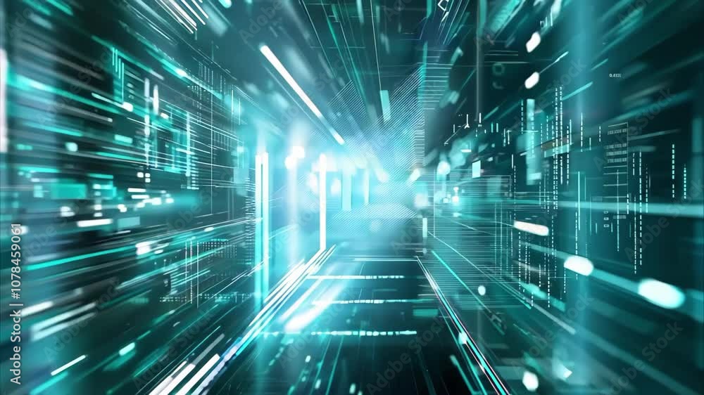 Poster a futuristic digital landscape with glowing lines and data patterns, conveying a sense of speed and 