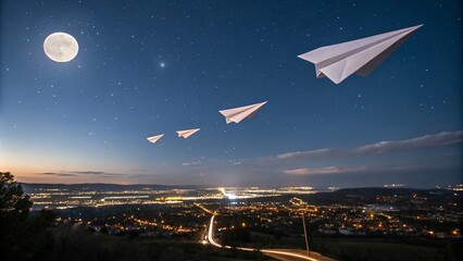 Captivating Night Photography of Paper Airplanes Soaring Under Starry Skies, Symbolizing Innovation and Creativity in a Fast-Paced World of Hot News Concepts