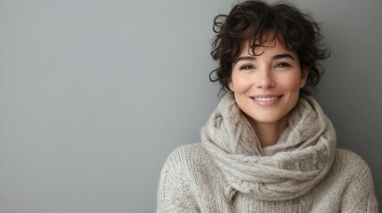 A woman with curly hair is smiling and wearing a scarf