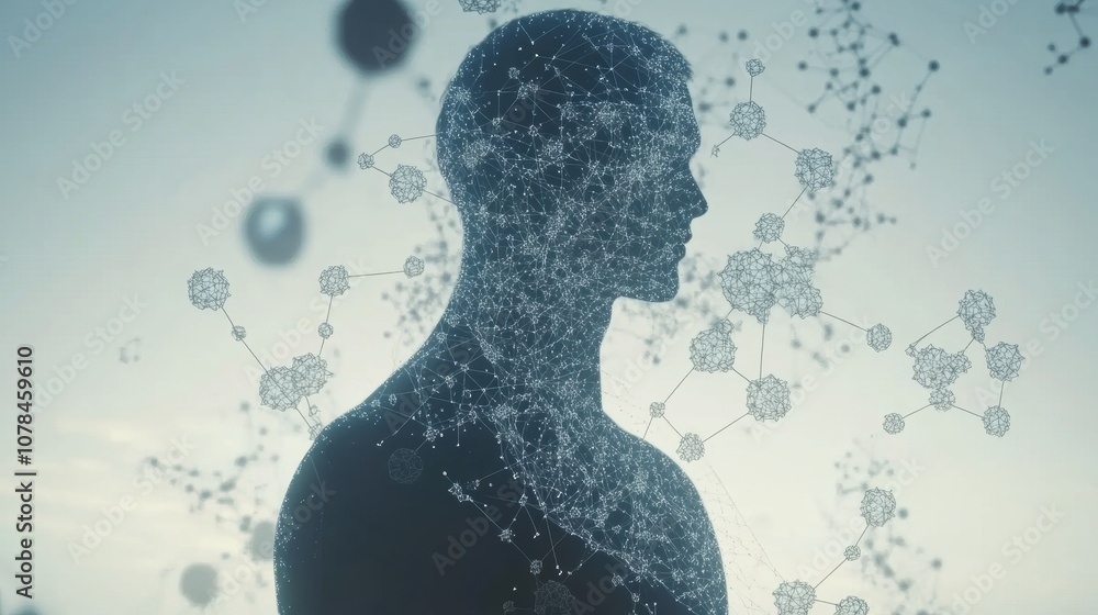 Poster A silhouette of a human figure is surrounded by intricate molecular structures and diagrams, representing scientific exploration. Generative AI