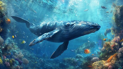 Fototapeta premium A humpback whale swims through a colorful coral reef in the ocean.