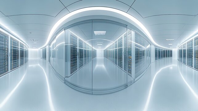 sever racks and data center 360 degree seamless panoramic view 3d rendering
