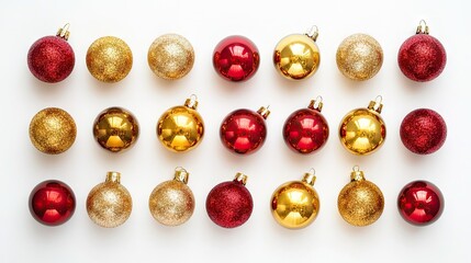 A collection of gold and red Christmas balls arranged against a white background, ideal for holiday decorations. The vibrant colors of the Christmas balls enhance festive spirit.